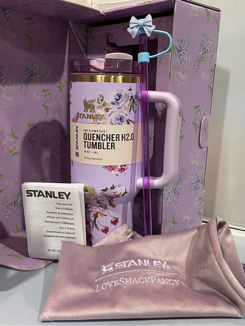 NIB Auth Loveshackfancy x Stanley 40 Oz Purple Floral White Tumbler Cup Limited!